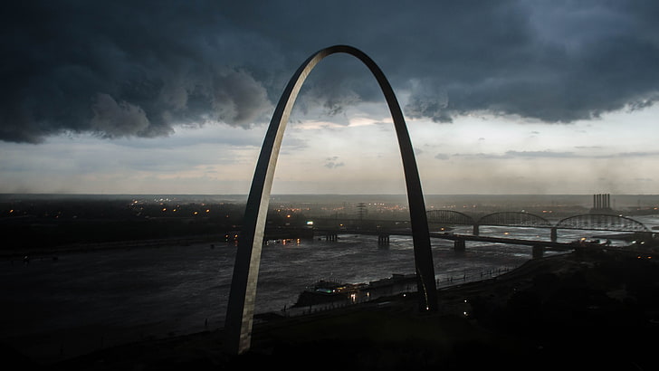 Арка на портата, Сейнт Луис Мисури, арка, Сейнт Луис, буря, облаци, САЩ, градски пейзаж, HD тапет