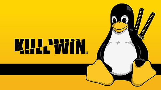 Linux, Tux, FoxyRiot, Kill Bill, желтый, юмор, желтый фон, кроссовер, HD обои HD wallpaper