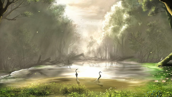 due uccelli vicino al corpo d'acqua e alberi illustrazione, fantasy art, paesaggio, uccelli, animali, Sfondo HD