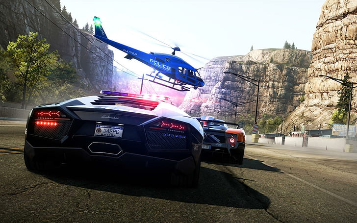 Need For Speed: Hot Pursuit, need for speed, lamborghini, cop chase, hot pursuit, helicopter, pagani, games, HD wallpaper