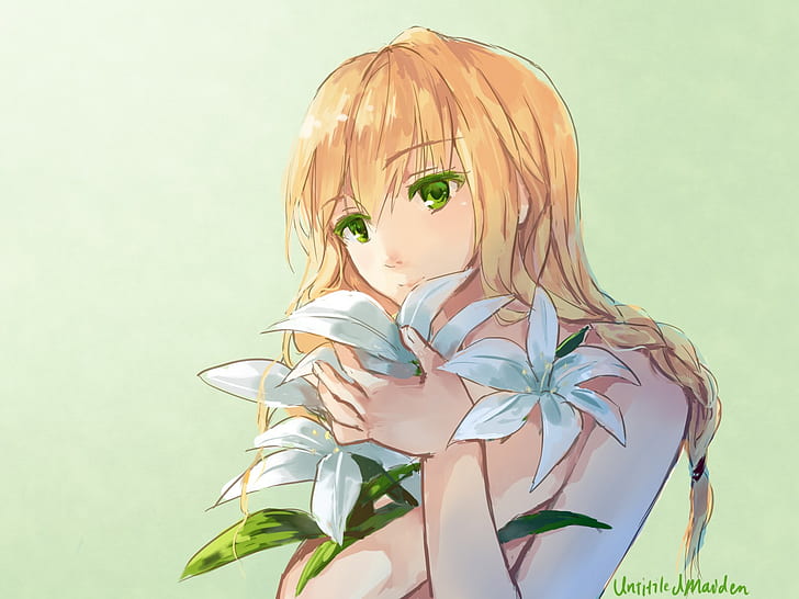 Blumen Anime Mädchen blonde grüne Augen Majo nein ie, HD-Hintergrundbild