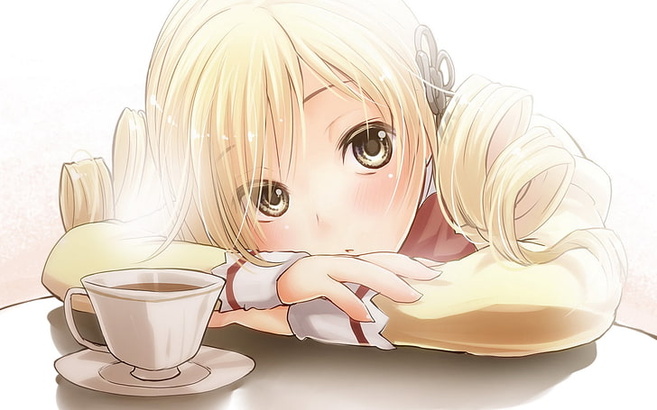 girl with blonde hair animated illustration, girl, blonde, cup, cute, pose, HD wallpaper