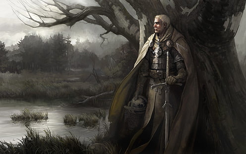 personaggio maschile che tiene la spada, Discepoli 3, cavaliere, spada, armatura, opere d'arte, arte fantasy, Sfondo HD HD wallpaper