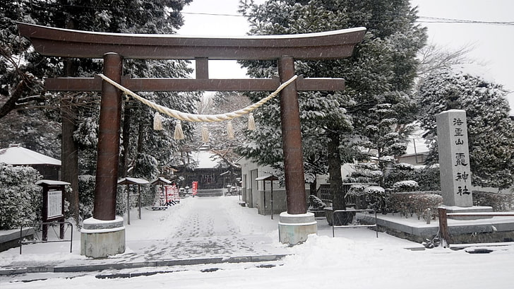 santuário marrom, inverno, santuário, japão, neve, HD papel de parede