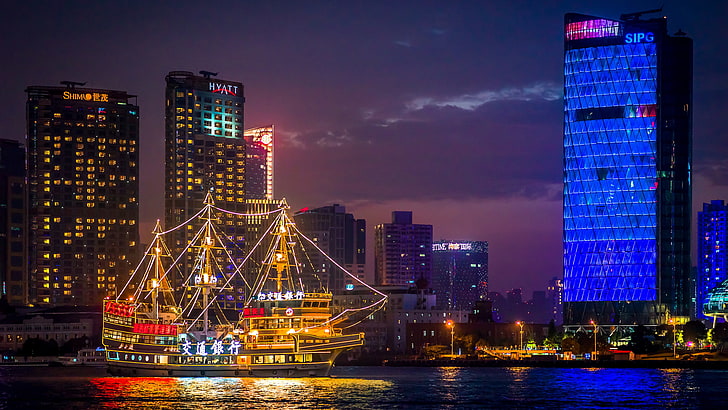 night, reflection, building, boats, mirror, China, Shanghai, the Huangpu river, lit, HD wallpaper