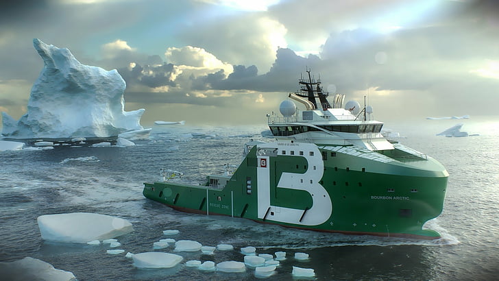 車両、オフショア支援船、北極圏、バーボン北極圏、氷山、海、船、 HDデスクトップの壁紙