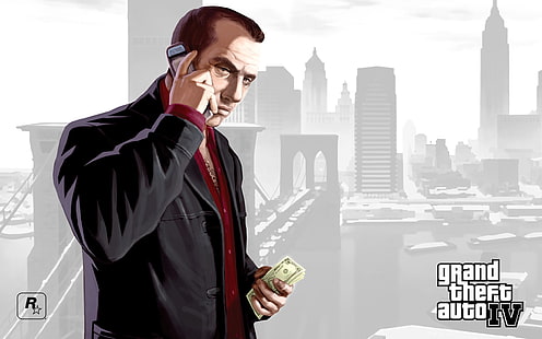 Grand Theft Auto IV illüstrasyon, faustin, gta 4, büyük hırsızlık auto 4, adam, cep telefonu, para, HD masaüstü duvar kağıdı HD wallpaper