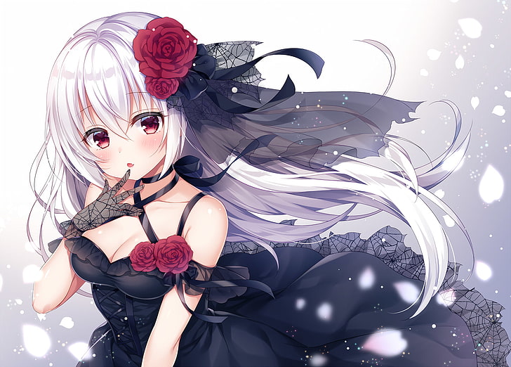 Anime Mädchen, weiße Haare, Rosen, Blütenblätter, schwarzes Kleid, HD-Hintergrundbild