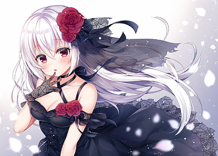 애니메이션 소녀들, 흰 머리카락, 장미, 꽃잎, 검은 드레스, HD 배경 화면 HD wallpaper