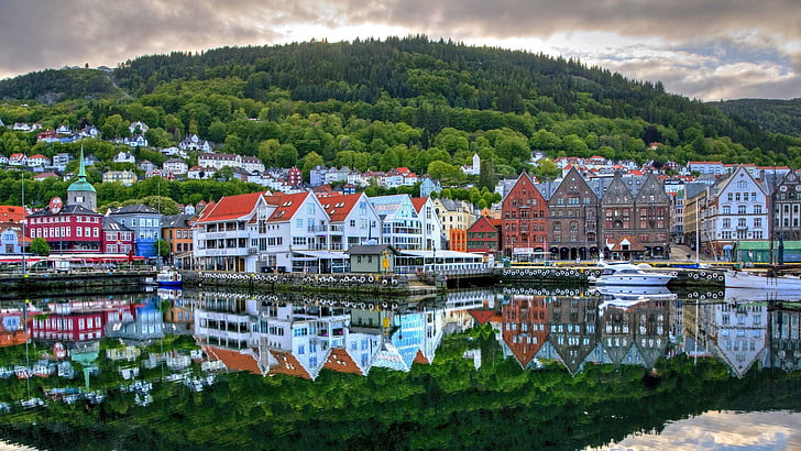 reflektion, träd, vatten, hus, kullar, Norge, Bergen, HD tapet