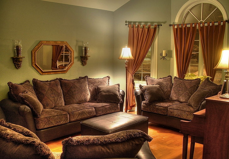 conjunto de sofá marrón, diseño, estilo, lámpara, sala, sofá, muebles, interior, almohada, espejo, sillas, cortinas, marrón, Fondo de pantalla HD