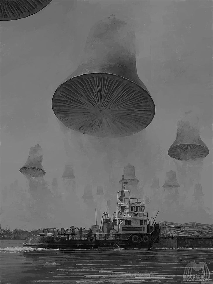 zdjęcie statku w skali szarości, surrealistyczne, grafika, grafika koncepcyjna, Alexey Andreev, portret, Tapety HD, tapety na telefon
