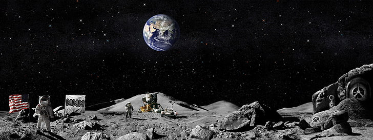 행성 지구 디지털 벽지, 지구, 달, 깃발, 미국인, 우주 비행사, HD 배경 화면