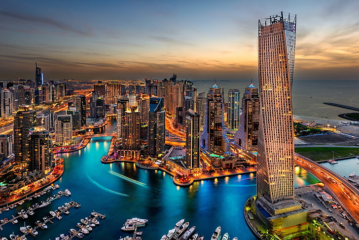 сива сграда, град, вода, небе, Дубай, HD тапет