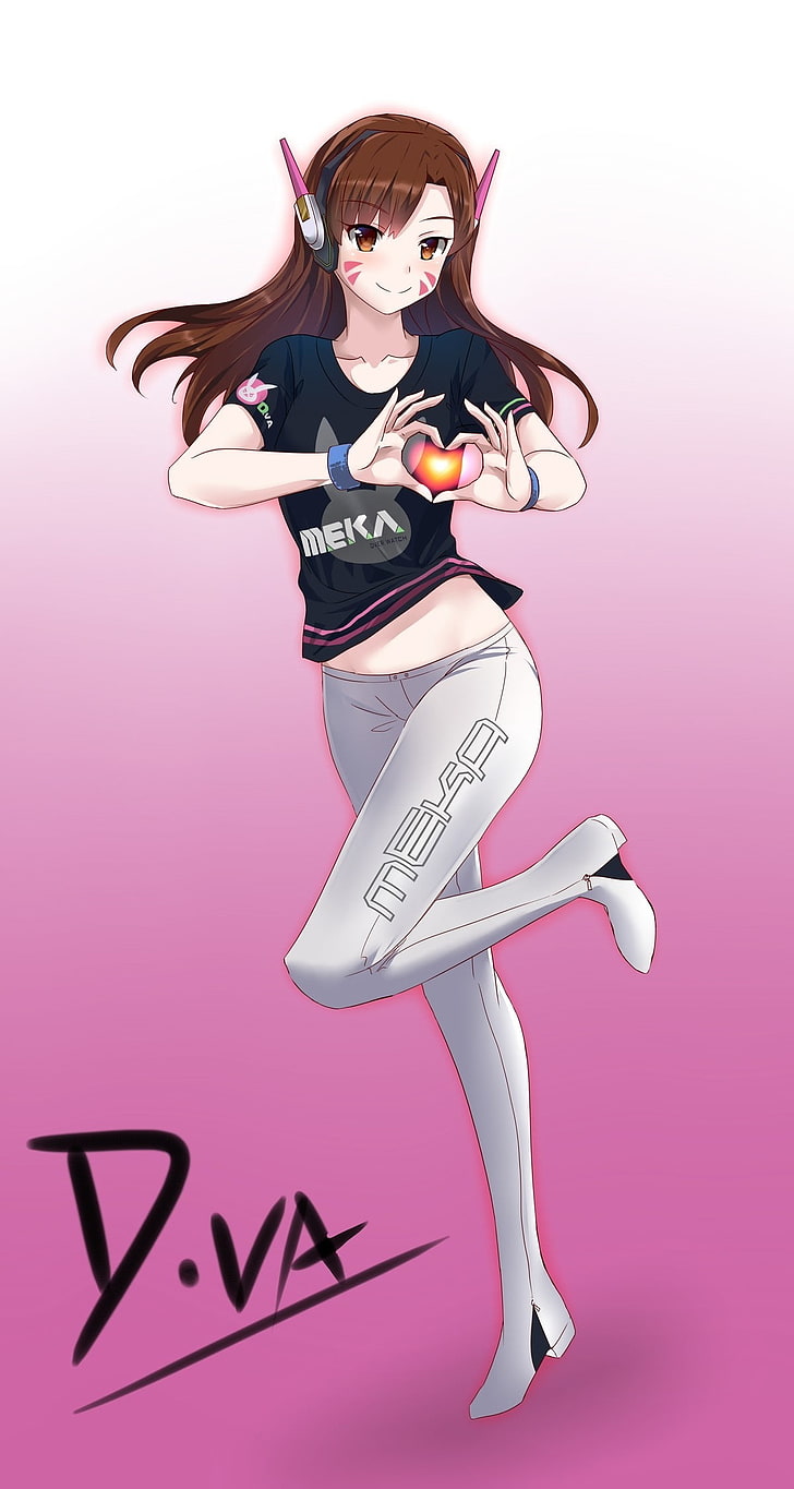 Personaggio anime femminile dai capelli castani in camicia nera e pantaloni grigi illustrazione, Overwatch, D.Va (Overwatch), Sfondo HD, sfondo telefono