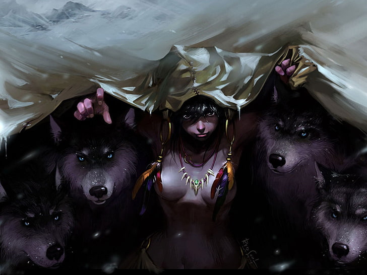 woman and four black wolves under snow coated mountain illustration, look, girl, pack, wolves, Mowgli, HD wallpaper
