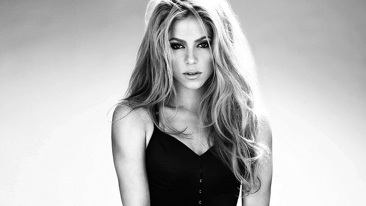 top sem mangas preto feminino, Shakira, olhando para o espectador, loira, cantor, monocromático, mulheres, HD papel de parede
