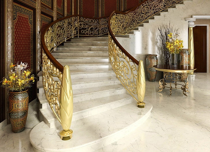 лестничные перила золотого цвета, интерьер, лестницы, перила, двери, ваза, цветы, дизайн, HD обои