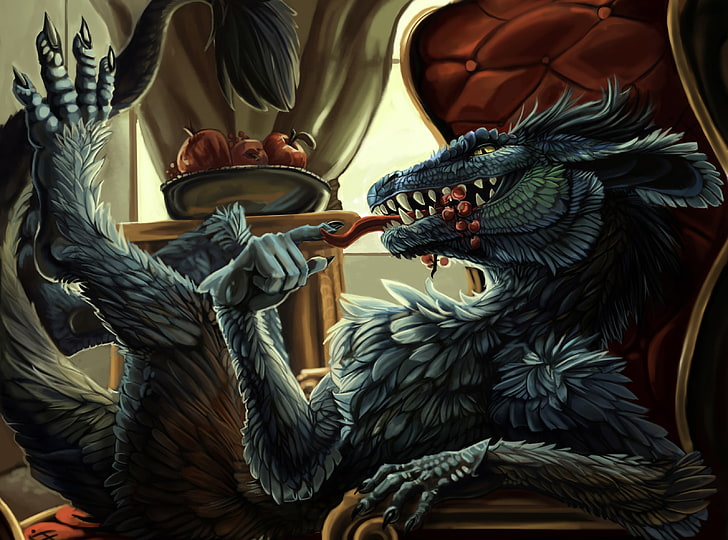Monster With Feathers, dragon sitting on red chair digital wallpaper, Artistic, Fantasy, With, Monster, Feathers, HD wallpaper