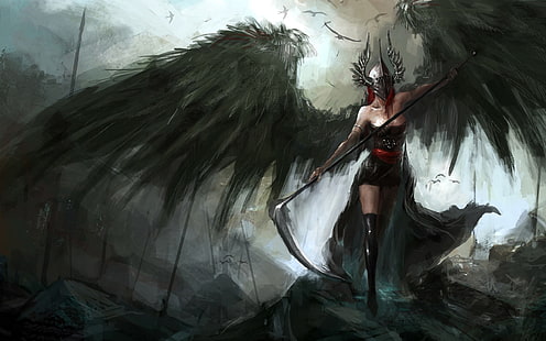 sztuka fantasy, grafika, skrzydła, sierp, dziewczyna fantasy, demon, pończochy, mroczna fantazja, Tapety HD HD wallpaper