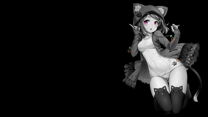 gadis anime, pewarnaan selektif, latar belakang sederhana, latar belakang gelap, latar belakang hitam, Wallpaper HD