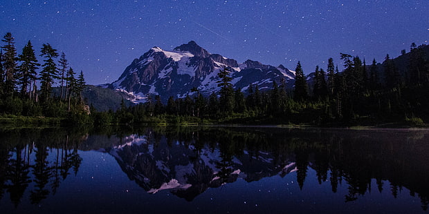 landscape photography of snowy mountain's reflection on body of water during nighttime, Mt. Shuksan, Perseid, Meteors, landscape photography, snowy mountain, reflection, body of water, nighttime, Mount Shuksan, Snoqualmie National Forest, Forest  Washington, Perseid  Meteor, Meteor Shower, Picture, Lake, Reflections, Night, Scene, Dark  Sky, Star, Nikon D7000, Wide Angle, Long Exposure, Mountain, Mount Baker, USA, Vista, Stars, Lake  Wilderness, Alpine, North  Cascades, Scenery, Snow, Whatcom County, Nature, landscape, canada, scenics, outdoors, alberta, forest, sky, water, HD wallpaper HD wallpaper