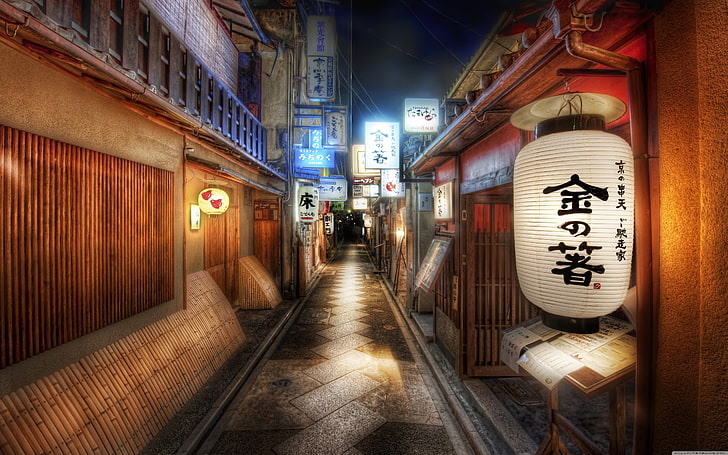 white Chinese lanterns, Japanese corridor with lanterns, cityscape, architecture, building, anime, Japanese, HDR, night, lights, bamboo, clouds, street, Japan, city, lantern, China, HD wallpaper