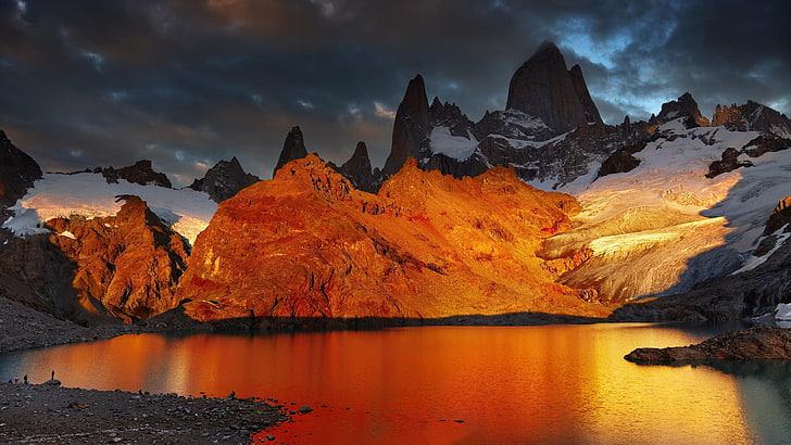 주황색 산, 눈, 풍경, 산, 호수, 새벽, 아르헨티나, 파타고니아, 라구나 데 로스 트레스, HD 배경 화면