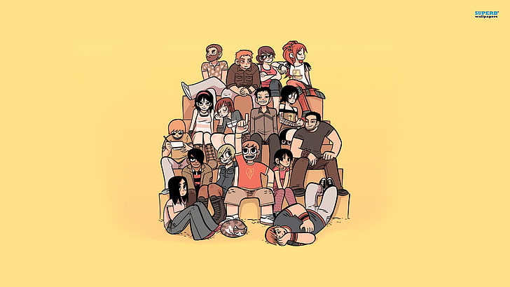 Gruppe von Personen, die eine Gruppenbildkarikaturillustration, Scott Pilgrim, Grafik, Filme macht, HD-Hintergrundbild