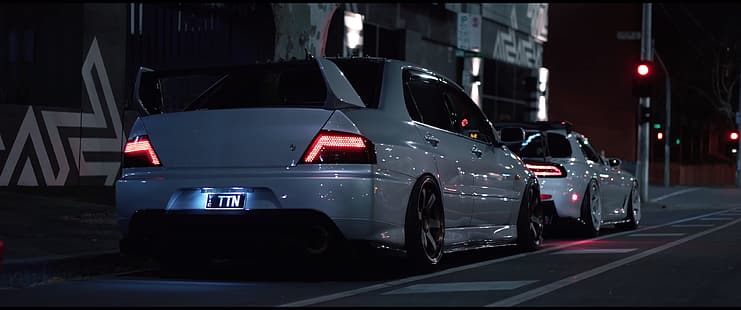 Stadtlichter, Nacht, Auto, Mazda RX-7, Mitsubishi Lancer Evo IX, HD-Hintergrundbild HD wallpaper