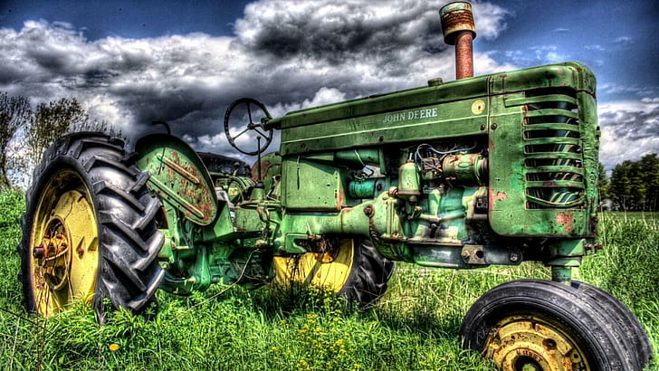 Old John Deer Hdr, tractor, grass, clouds, cars, HD wallpaper