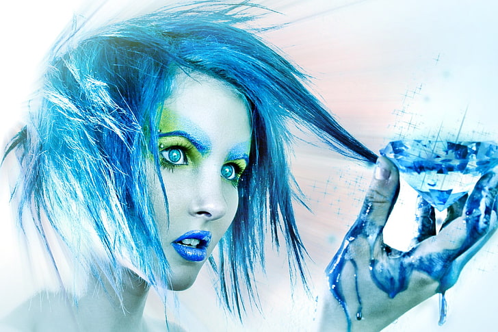 donna con carta da parati capelli blu, donne, viso, Sfondo HD
