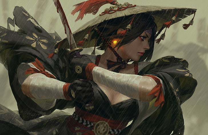 czarnowłosa kobieta trzymająca katanę ilustracja, wojownik, fantasy art, samuraj, miecz, Z.W. Gu, Tapety HD