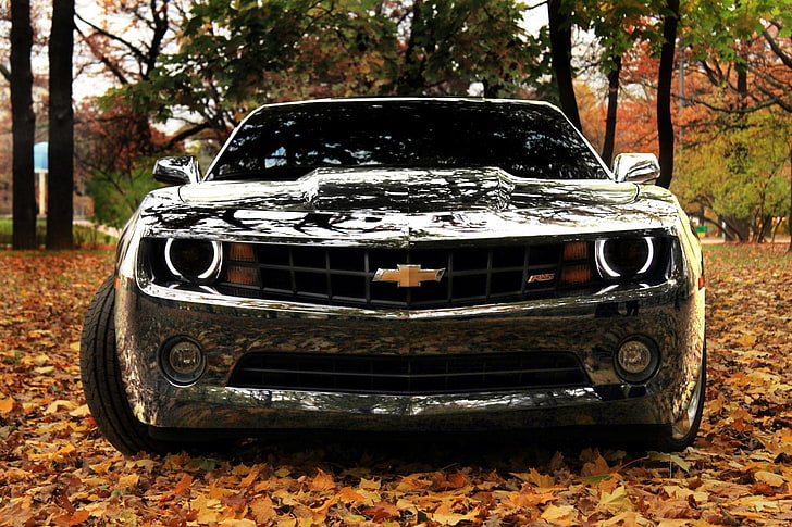 nature trees autumn cars leaves silver vehicles chevrolet camaro reflections front view 1920x1280 Cars Chevrolet HD Art , nature, Trees, HD wallpaper