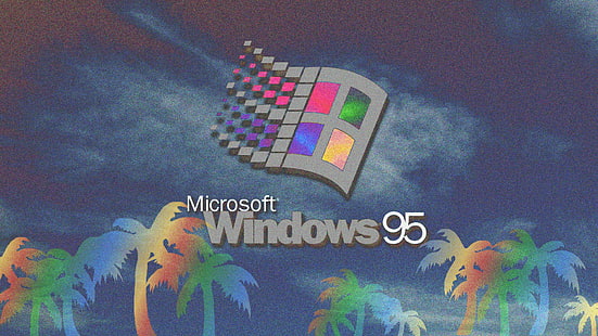 vaporwave, 1990-an, Windows 95, pohon-pohon palem, Microsoft, Wallpaper HD HD wallpaper