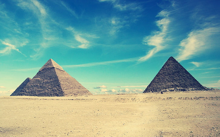 две пирамиди, пирамида, Египет, пясък, облаци, небе, HD тапет