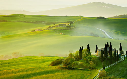 Toskania Wiosna Krajobraz, dwa białe domy, Europa, Włochy, Natura, Krajobraz, Wiosna, Krajobrazy, Wzgórza, Toskania, Tapety HD HD wallpaper