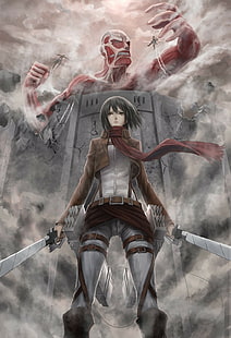 Attack on Titan Mikasa Ackerman digital wallpaper, Shingeki no Kyojin, Mikasa Ackerman, Colossal Titan, HD wallpaper HD wallpaper