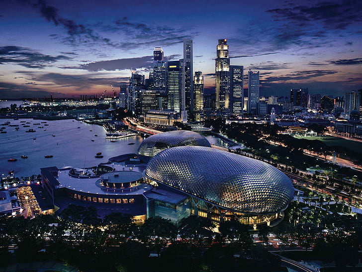 Город сингапур ночью, небоскребы, огни, залив, вид с воздуха города, сингапур, город, ночь, небоскребы, огни, залив, HD обои