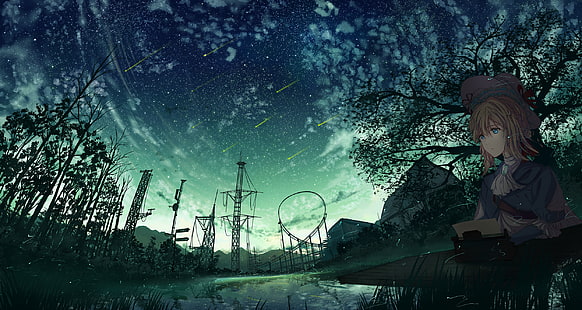 البنفسجي دائمة الخضرة ، ذات المناظر الخلابة ، شقراء ، النجوم ، السماء ، انعكاس ، أنيمي، خلفية HD HD wallpaper