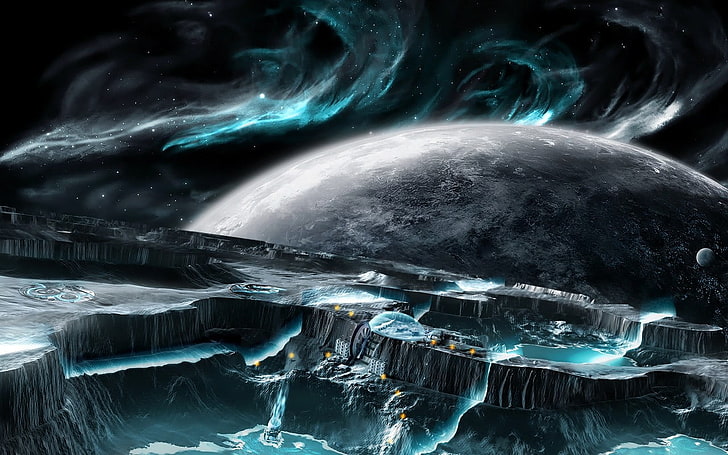 dua planet dengan karya seni digital bulan, ruang angkasa, planet, fiksi ilmiah, Wallpaper HD