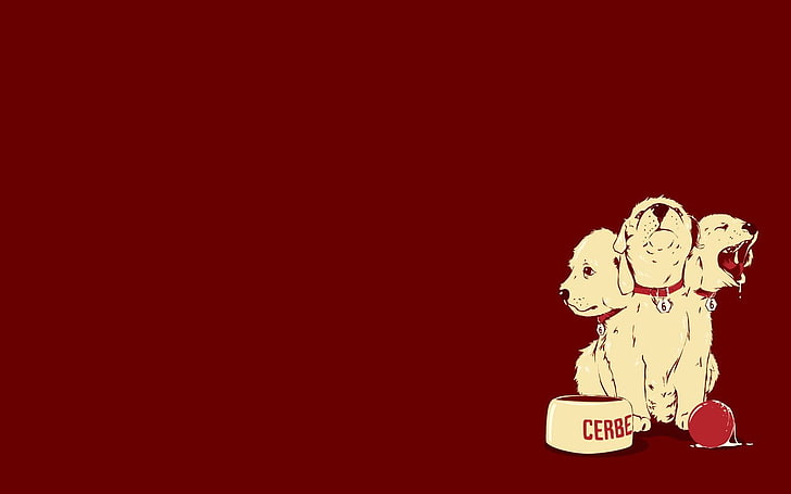 Ilustrasi anjing Ceberus, minimalis, Cerberus, anjing, humor, latar belakang merah, Wallpaper HD