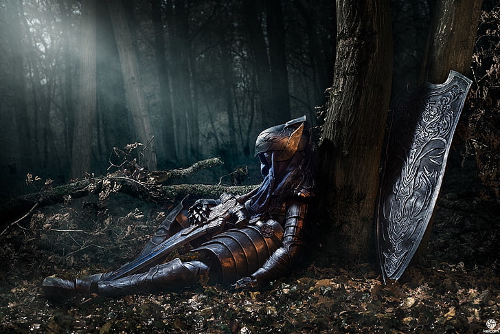 темные души, рыцарь artorias, доспехи, меч, щит, сидя, темный лес, Игры, HD обои