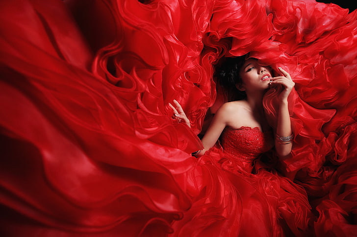 red, dress, women, model, Asian, red dress, fashion, gowns, bare shoulders, bangles, HD wallpaper