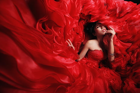 червено, рокля, жени, модел, азиатски, червена рокля, мода, рокли, оголени рамене, гривни, HD тапет HD wallpaper