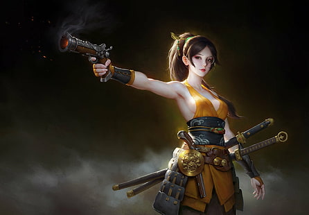 Fantasy, Women Warrior, Brown Hair, Girl, Gun, Oriental, Woman, Woman Warrior, HD wallpaper HD wallpaper