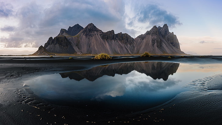 body of water, landscape, water, sand, mountains, Iceland, Vestrahorn, HD wallpaper