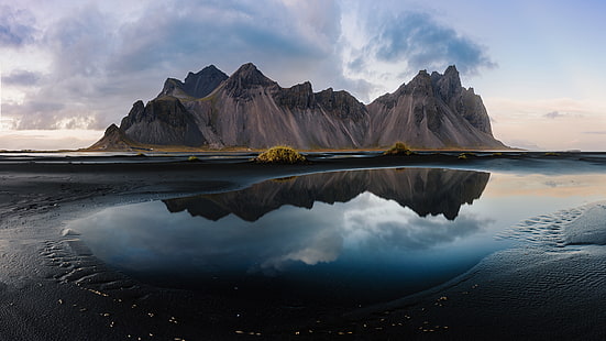 zbiornik wodny, krajobraz, woda, piasek, góry, Islandia, Vestrahorn, Tapety HD HD wallpaper