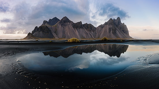 Vestrahorn, eau, montagnes, sable, paysage, Islande, Fond d'écran HD HD wallpaper