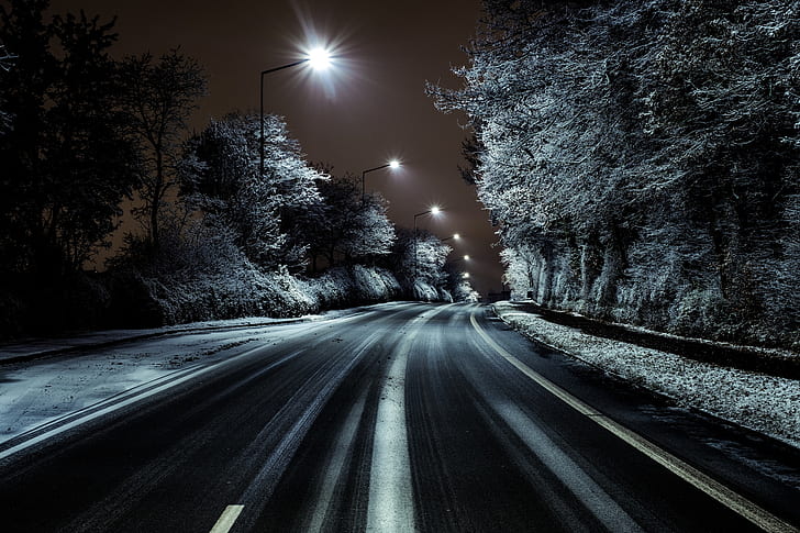 dark, night, lights, road, winter, trees, HD wallpaper